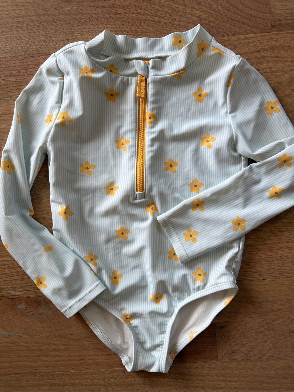 Light Blue Floral Long Sleeve Girls Swimsuit with Yellow Zip